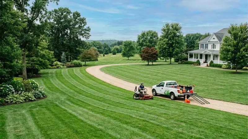 A freshly striped estate lawn with a crew truck and zero-turn mower working along the driveway