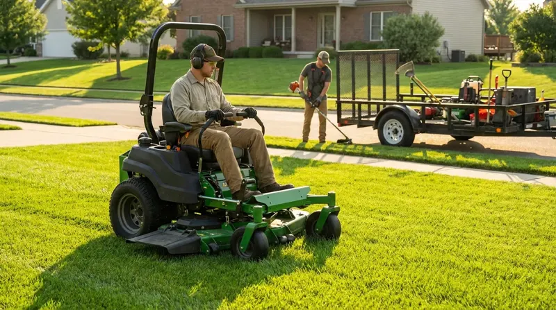 A two-man crew at work on a front lawn — one on a zero-turn mower, one trimming edges by the equipment trailer